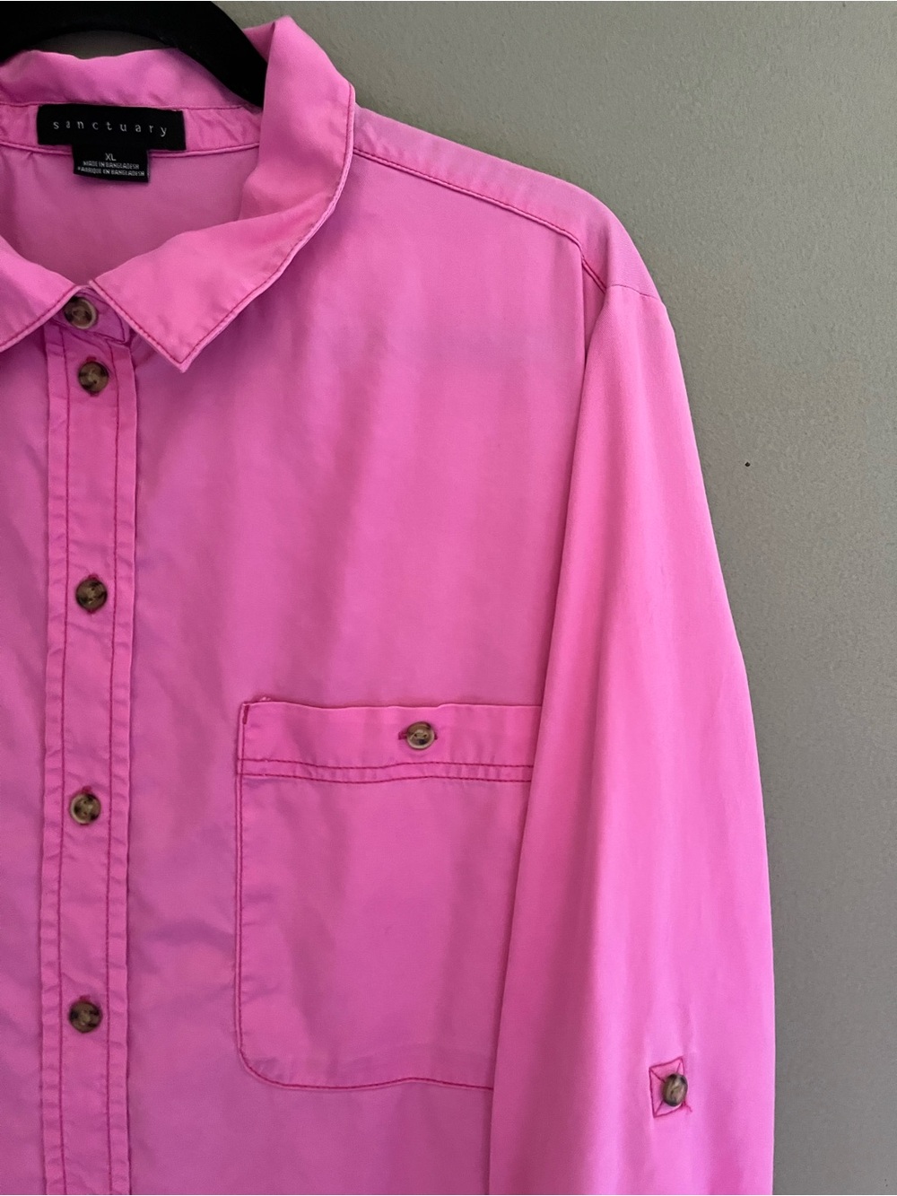 Sanctuary Button-Down Shirt Barbiecore Hot Pink Roll Tab Sleeves Chest Pockets - Picture 4 of 13